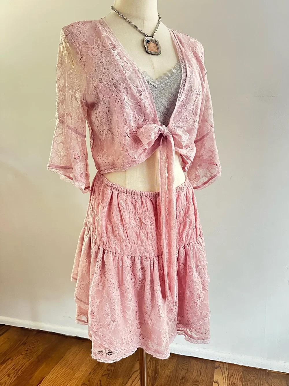 Free People Dusty Pink Lace Cutout Dress Romantic Coquette Boho Dress NWT - Picture 3 of 6